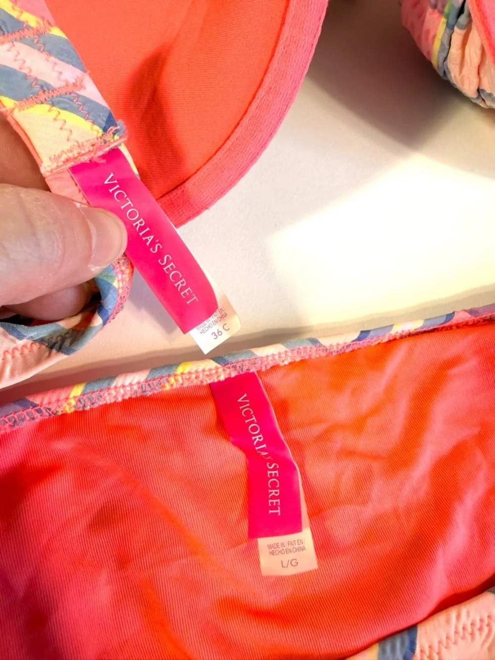 Victoria's Secret Seersucker Ruffled Push Up Bikini Set Plaid Pink Blue 36C LG - Picture 7 of 9